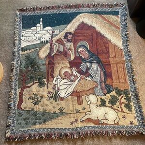 Vintage Baby Jesus Nativity Scene Tapestry / Woven Blanket